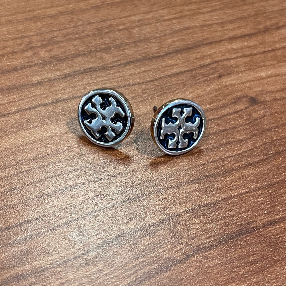 Tory Burch Black and Silver Logo Stud Earrings